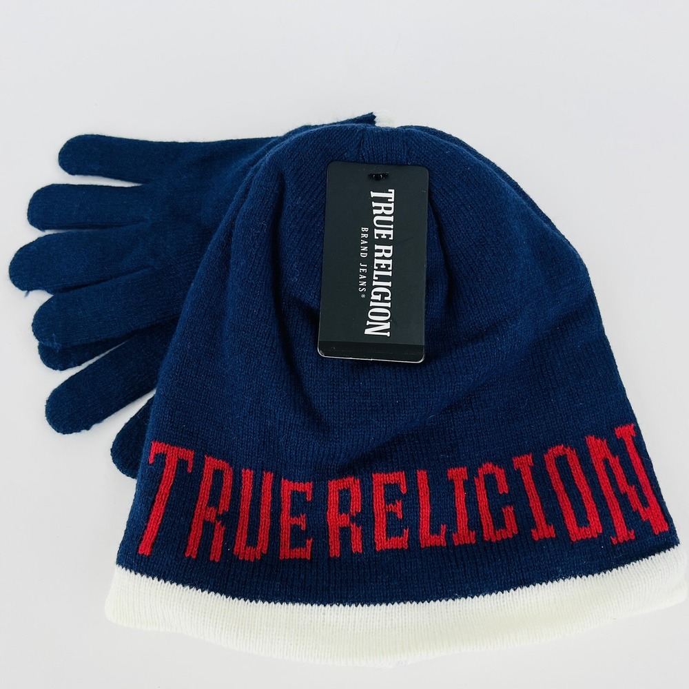 True Religion Kids Warm Beanie & Gloves 2-Pieces Set Blue Red Logo Front OS NWT